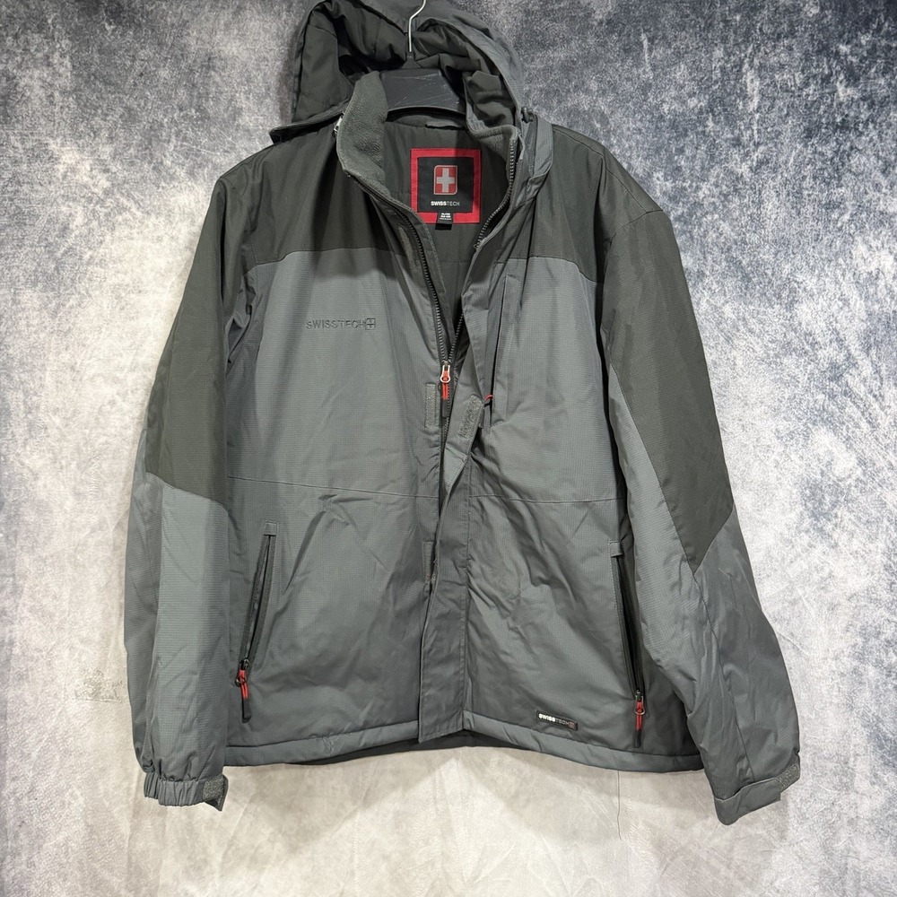 Swiss Tech Men's Black Gray Insulated Removable Hood Med Weight Winter Coat